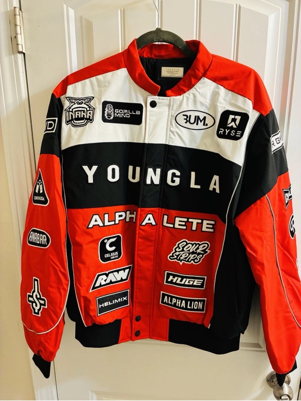 YoungLA Red Black White Patchwork Racing Bomber Jacket